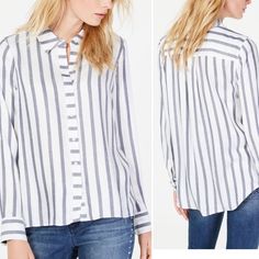 Metallic Detail Classic Stripes Throughout This Button-Down Shirt From I.N.C. International Concepts. Imported Rayon/Metallic Relaxed Fit; Hits At Hip Point Collar; Front Button Closuresmetallic Detail Throughout Machine Washable Imported Style 100053558 Casual White Blouse With Vertical Stripes, Spring Button-up Tops With Horizontal Stripes, White Horizontal Stripe Button-up Top, White Button-up Top With Vertical Stripes, White Vertical Stripe Button-up Top, White Horizontal Stripe Top For Work, White Vertical Stripe Button-up Shirt, American Eagle Shirt, Women's Button Down Shirt