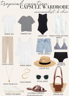 Minimalist Summer Vacation Outfit, Minimalist Vacation Packing, Capsule Beach Wardrobe, Tropical Travel Capsule Wardrobe, Beach Weekend Capsule Wardrobe, Carribean Vacation Capsule Wardrobe, Palm Springs Capsule Wardrobe, Beach Outfit Capsule, Caribbean Capsule Wardrobe