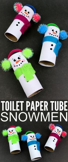 toilet paper tube snowmen are made with construction paper and pom poms