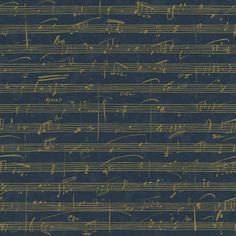 an old sheet music pattern with musical notes on blue and gold paper, as well as black ink