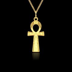 "Johnny Saint Studio offers unique jewelry that is carefully designed and meticulously crafted in America. We pride ourselves on creating pendants and medallions using only the finest materials: fully-certified 14k & 18k real Solid gold. * Made in USA * Metal/purity: 14k, 18k Yellow gold * Finish: polished * Pendant height: 1.4\" (35 mm) * Width: 0.65\" (17 mm) * Pendant weight (approx.): 6 grams in 14k gold * Bail: 8 mm (fits up to 4 mm chains) - bail is included * Gender: unisex * This pendant Ceremonial Cross Necklace In Spiritual Style, Gold Cross Amulet Necklace, Gold Cross Necklace For Ceremonial Occasion, Ceremonial Ankh Amulet Necklace, Spiritual Ankh Necklace For Ceremonial Use, Yellow Gold Ankh Necklace, Spiritual Ankh Necklace In Yellow Gold, Gold Ankh Necklace For Ceremonial Occasions, Traditional Hallmarked Ankh Necklace