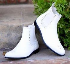 White Chelsea Boots for Men Slip on Leather Boots White Chelsea Boots, Western Boots For Men, Brogue Boots, Mens Ankle Boots, Leather Western Boots