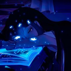 a girl reading a book in the dark with glowing lights on her face and eyes