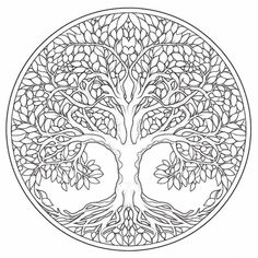 a coloring page with a tree in the middle and lots of leaves on top of it