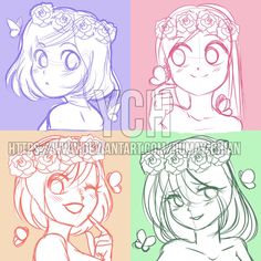 four cartoon girls with flowers in their hair and one girl wearing a flower crown on her head