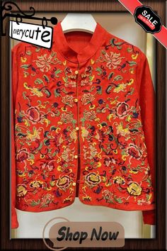 Chinese Style Red Stand Collar Embroideried Patchwork Silk Coat Fall Fitted Red Embroidered Outerwear, Red Stand Collar Top For Spring, Embroidered Red Outerwear For Spring, Red Embroidered Outerwear For Spring, Traditional Red Outerwear With Stand Collar, Red Floral Embroidered Outerwear, Fitted Red Outerwear With Floral Embroidery, Traditional Red Long Sleeve Top, Red Festive Outerwear With Stand Collar