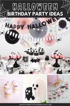 a halloween birthday party with cupcakes, cake and decorations in black and white