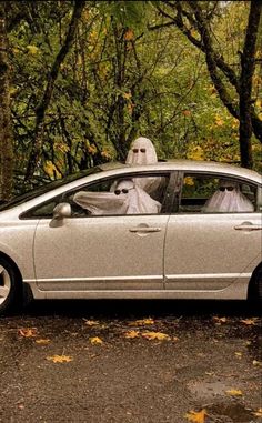 a silver car with two ghost figures in it's windshield sitting next to trees