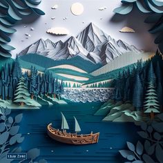 a paper cut scene with a boat on the water and mountains in the back ground