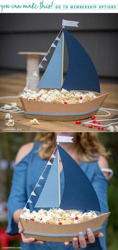 a boat made out of cardboard with popcorn in it and the words, you can make this