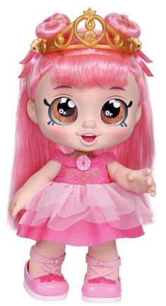 a doll with pink hair and big eyes wearing a tiara on top of her head