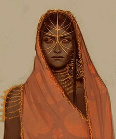 a painting of a woman wearing an orange shawl with gold details on her face