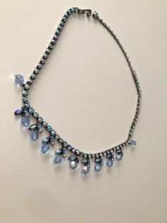 Jewelry Vintage Blue Aurora Borellis Necklace Laid In Stainless Steel Elegant Blue Crystal Necklaces For Parties, Elegant Blue Crystal Necklace For Party, Blue Necklace With Lobster Clasp For Party, Blue Beaded Necklaces For Evening, Vintage Blue Single Strand Necklace, Blue Beaded Evening Jewelry, Blue Beaded Jewelry For Evening, Vintage Blue Necklace For Evening, Vintage Blue Single Strand Jewelry