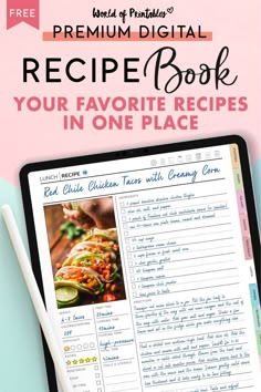 the recipe book is on top of a tablet