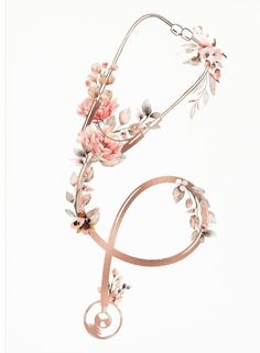 the letter e is made up of flowers and leaves on a metal hook with a ribbon