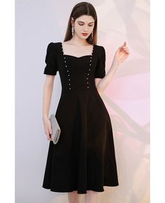 Buy retro knee length black chic semi party dress with short sleeves high quality at affordable price online. Free shipping and pro custom service since 2009. Black Semi Formal Dress, Black Semi Formal, Semi Formal Dresses Black, Knee Length Dresses Formal, Girls Winter Dresses, Semi Formal Outfits, Below The Knee Dresses, Short Formal Dress, Chic Dress Classy