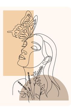 a line drawing of a woman with a butterfly on her head and flowers in her hair