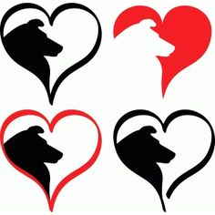 the silhouettes of dogs and hearts are shown in black, red, and white