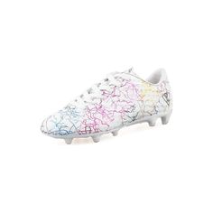 a white soccer shoe with multicolored flowers on it