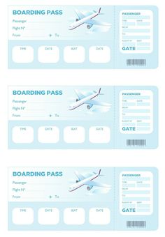 two boarding cards with an airplane in the sky on one side and a boarding pass on the other