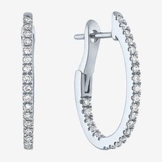 These chic women's hoop earrings are crafted from 10K White Gold and lined with round-cut Lab-Grown Diamonds creating a sparkling effect that's perfect for everyday wear. They're secured with a hinged back. Features: Quick ShipDiamond Clarity: Si2-I1Earring Back: HingedSetting: ProngStone Cut: RoundDiamond Color: G-HMetal Color: WhiteEarring Length: 20mmRounded Carat Weight: 1/3 Ct. T.w.Care: Wipe CleanStone Type: 48 Lab Grown DiamondAuthenticity: Lab Grown DiamondBirthstone: April BirthstoneEar White Vvs Clarity Small Hoop Jewelry, Classic White Hoop Earrings With Diamond Accents, White Diamond Hoop Earrings With Accents, Modern White Brilliant Cut Hoop Earrings, White Small Hoop Diamond Cut Earrings, Classic White Small Hoop Earrings, White Diamond Hoop Earrings For Anniversary, Classic White Hoop Diamond Earrings, White Brilliant Cut Small Hoop Jewelry