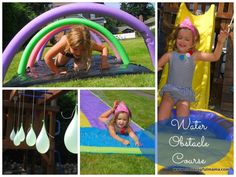 collage of photos with children playing in the yard and water obstacle course at home