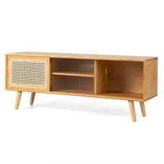 the sideboard is made out of wood and wicker