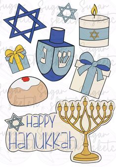 hanukkah clipart set with menorah, candles and gifts on it