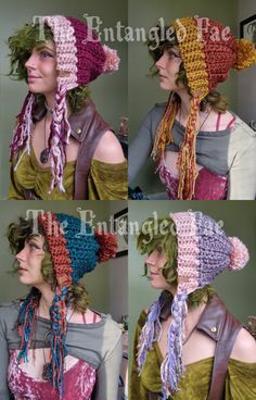 four different pictures of a woman wearing a crocheted hat