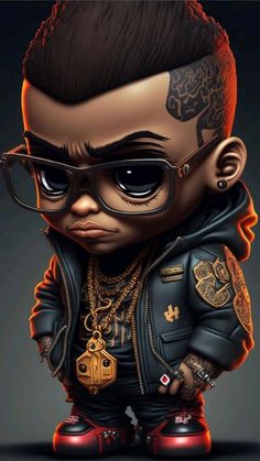 an image of a cartoon character with tattoos on his head and glasses, wearing a leather jacket