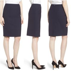 Boss Venina Patchwork Pencil Skirt An Impeccable Pencil Skirt Is Artfully Tailored From A Fine Suiting Fabric With Enough Stretch To Take You Comfortably Through Long Days. - Hidden Back-Zip Closure - Back Vent - Lined - Imported - Fiber Content 53% Polyester, 43% Wool, 4% Elastane - Care Dry Clean - Color Dark Blue Classic Blue Mini Skirt, Tailored Pencil Skirt For Workwear, Tailored Skirt For Office Wear, Classic Blue Office Skirt, Classic Blue Skirt For Office, Blue Pleated Skirt For Work, Tailored Pencil Skirt, Tailored Lined Pencil Skirt, Tailored Pencil Skirt With Lined Detail