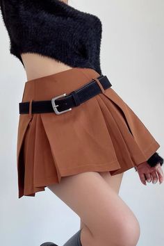 Pleated Skirt High Waisted Short Skirt Brown Fitted Mini Pleated Skirt, Casual High-waist Skirt With Belt, Casual High Waist Skirt With Belt, Summer High-waist Belted Skort, Summer High Waist Belted Skort, Y2k Style Short Pleated Skirt, Casual Belted Mini Skirt For Fall, Casual Belted Skirt For Fall, Casual Mini Skirt With Belt For Fall