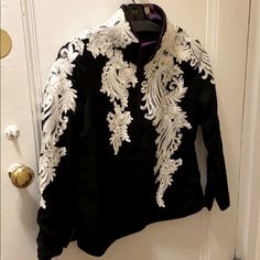 Black Wool Jacket With White Lace Detailing With Purple Silk Lining By Nadia Shah Embellishment Embroidery, Fiercely Feminine, Purple Silk, Wool Jacket, Black Wool, Wool Coat, Lace Detail, White Lace, Cross Stitch