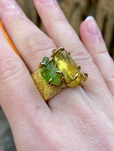 High quality Peridot (green) and Citrine (yellow) gemstones on a brass band. One of a kind! Size 7 and 7.5. Handmade with love and expertise! If you would like any adjustments like ring size or stone type/color or metal type (gold, rose gold, silver, or brass) I do make custom designs, just reach out :) Gold Fusion Emerald Ring, Green Citrine Jewelry For Anniversary, Unique Green Peridot Rings, Vintage Gold Jewelry With Peridot, Vintage Gold Peridot Jewelry, Green Citrine Rings For Gifts, Handmade Green Citrine Jewelry, Adjustable Green Multi-stone Ring, Green Handmade Fusion Rings