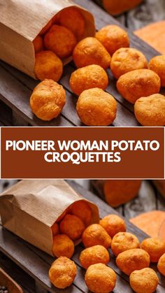 some food that is sitting on top of a wooden table with the words pioneers woman potato croquettes