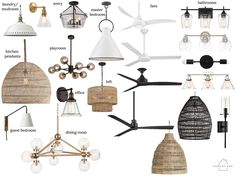 various types of chandeliers hanging from ceiling fans and lamps with names on them