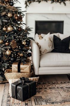 a living room with a christmas tree and presents