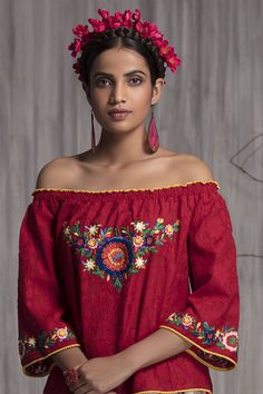 Red top with all over textured detail and placement floral work.
Components:1
Thread embroidery
Neckline: Off Shoulder
Sleeve Length:Three quarter
Fabric:Cotton
Color:Red
Bell sleeves
Note: The skirt worn by the model is not for sale. - Aza Fashions Embroidery Neckline, Floral Work, Thread Embroidery, Off Shoulder Top, Top For Women, Red Top, Off Shoulder Tops, Aza Fashion, Shoulder Sleeve