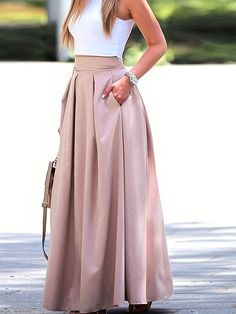 Dusty Pink Casual Collar  Woven Fabric Plain Flared Embellished Slight Stretch  Women Clothing Long A Line Skirt, Plain Skirt, High Waisted Pleated Skirt, Plus Size Summer Outfit, Pleated Long Skirt, Spring Skirts, Elegant Skirt, Skirt Long, Plus Size Kleidung