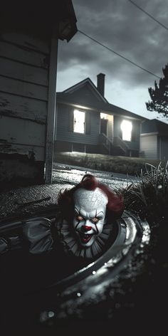 a creepy clown in the middle of a drain with a house in the background at night