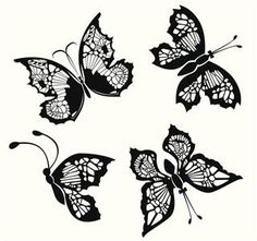 four black and white butterflies flying in the air with their wings spread out to show different patterns