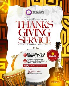 a poster for the thanksgiving giving service with an image of a guitar and other musical instruments