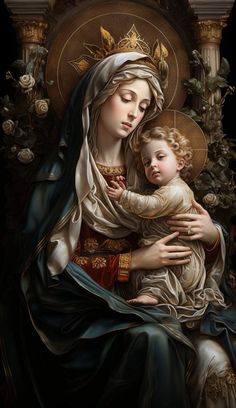 the virgin mary holding a child in her arms