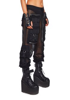 Sheer Cargo Pants, Mesh Cargo Pants, Black Nylon Cargo Pants With Belt Loops, Black Nylon Pants With Belt Loops, Black Fishnet Edgy Bottoms, Edgy Black Fishnet Bottoms, Techwear Nylon Bottoms With Belt Loops, Combat Style Nylon Cargo Pants With Pockets, Utility Bottoms With Cargo Pockets For Night Out