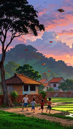 children are flying kites in the park at sunset