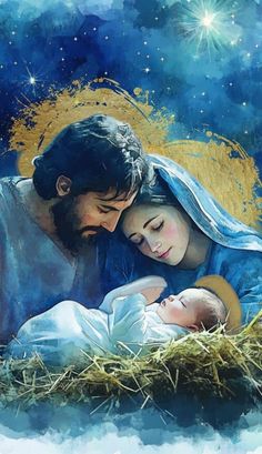 a painting of jesus and baby jesus in the manger scene with stars above them