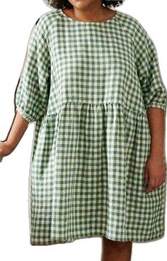 Spring Linen Plaid Dress, Gingham Linen Dress For Daywear, Casual Gingham Linen Dress, Green Gingham Dress, Summer Gingham Plaid Dress With V-neck, Beach Gingham V-neck Dress, Spring Button-up Gingham Dresses, Linen Dress Summer, Gingham Linen