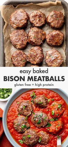 an image of meatballs in tomato sauce on a sheet of parchment paper with the text easy baked bison meatballs gluen free and high protein