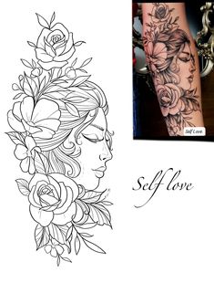 a woman's face with flowers on her arm and the words self love above it