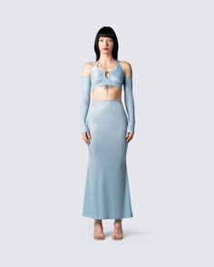 Glamorous Blue Sets For Party, Glamorous Blue Party Sets, Spring Party Skirt Set With Stretch, Blue Skirt For Costume Party, Blue Skirt For Spring Costume Party, Trendy Winter Party Sets, Two-piece Skirt Set For Spring Party, Trendy Party Sets For Winter, Blue Two-piece Set For Night Out